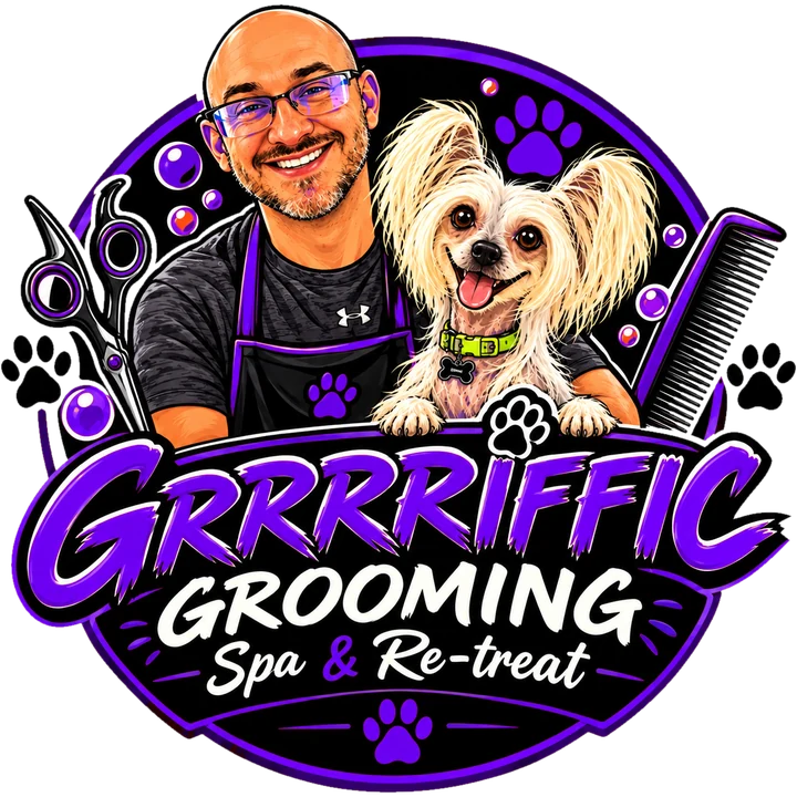 Grrriffic Grooming Spa & Re-treat logo: a smiling groomer with a fluffy dog, scissors and a comb